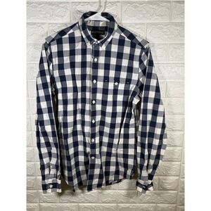 Express Mens Button Down Shirt Small Blue White Checkered Long Sleeve